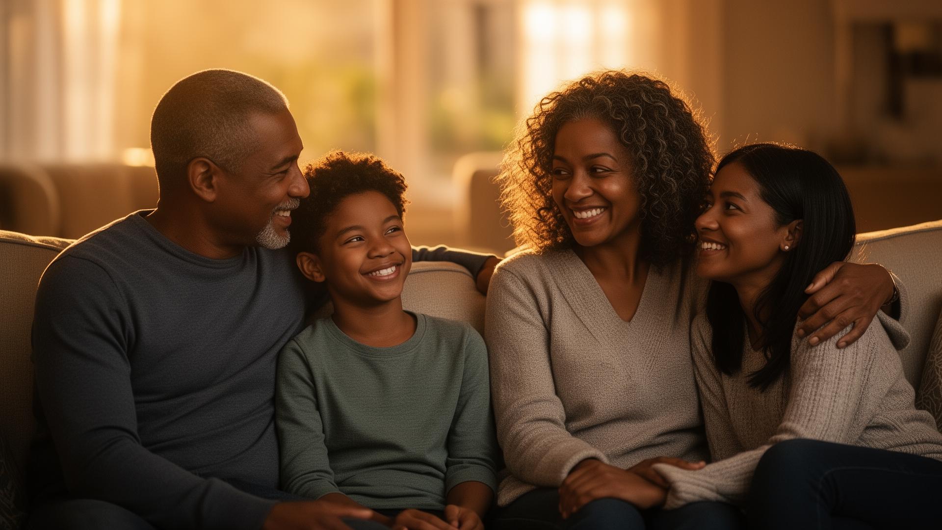 A multigenerational family sitting together on a couch, smiling